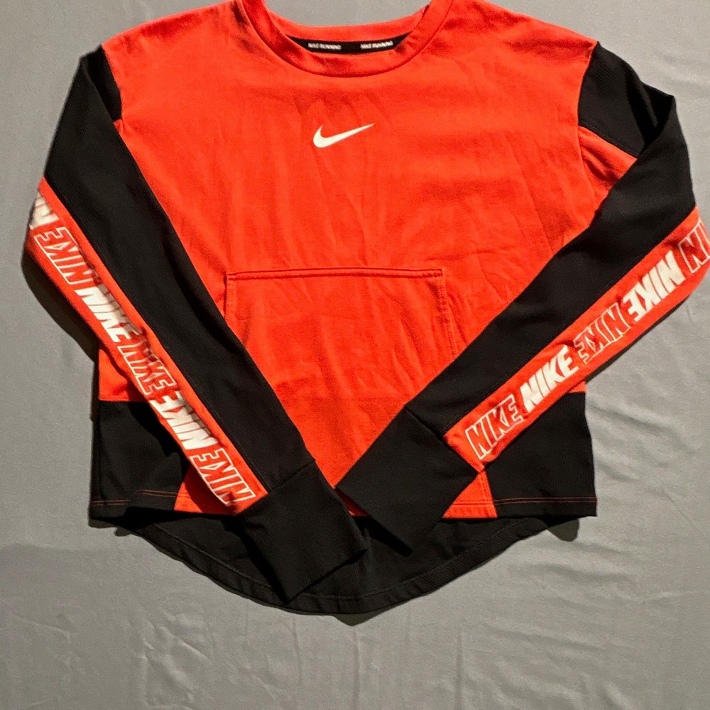 Nike Running Dri-FIT Long Sleeve Shirt Orange Black Taped Logo Mens Small